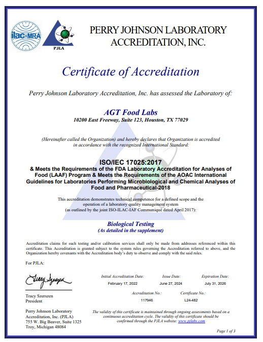 ISO 17025 Certificate AGT Labs Food Testing