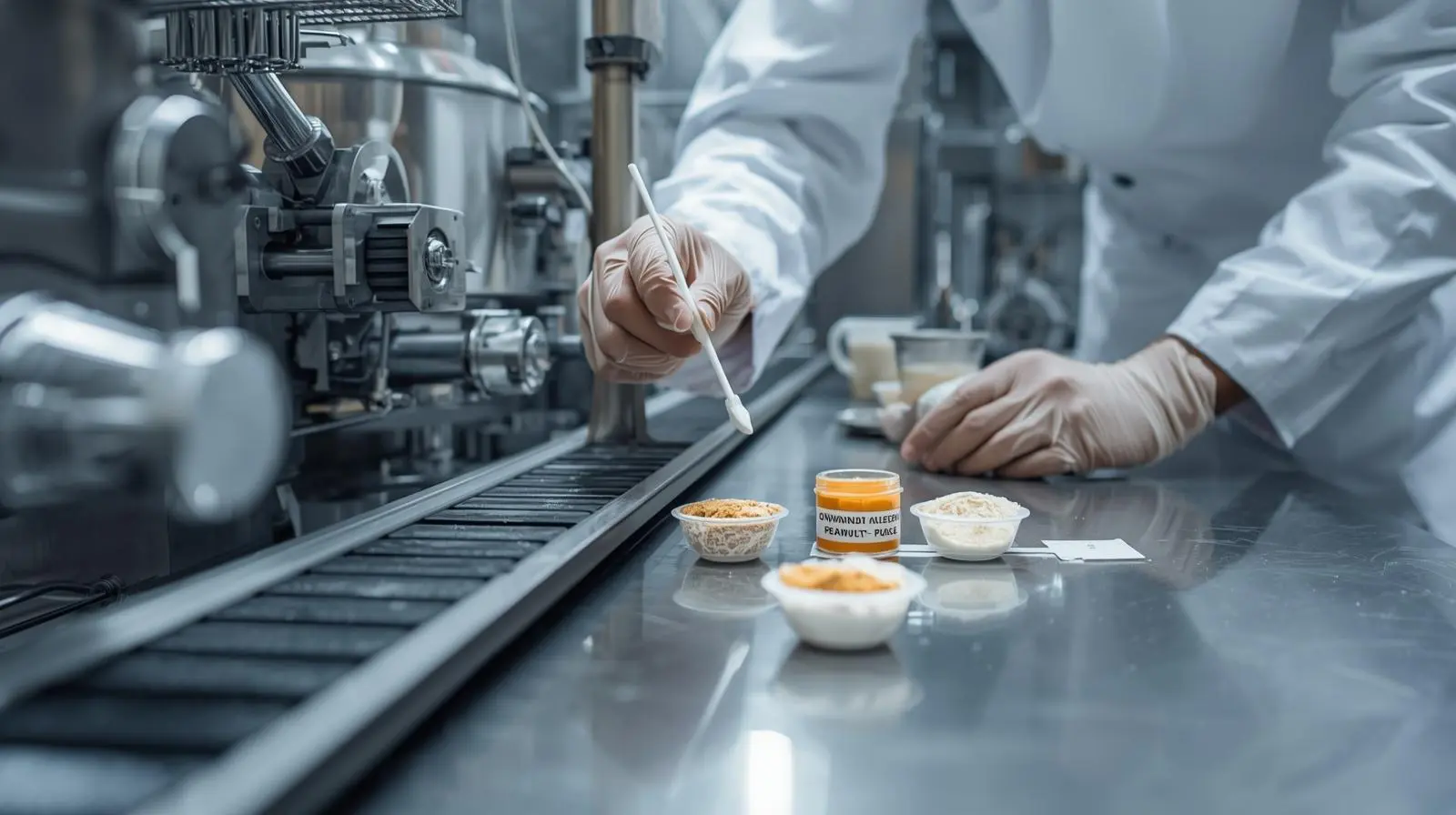 showing environmental allergen swabs being used to sample equipment surfaces like mixers, conveyor belts, and fillers. Include small labeled containers
