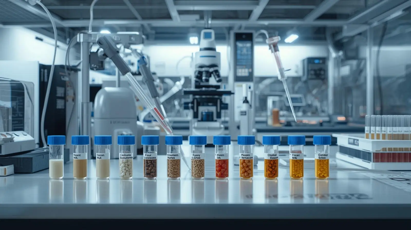 advanced food allergen testing. Include labeled test samples or vials representing the “Big 9” allergens