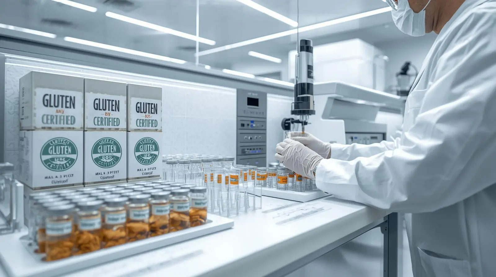 analyzing samples for gluten using advanced equipment. On the bench are labeled food samples