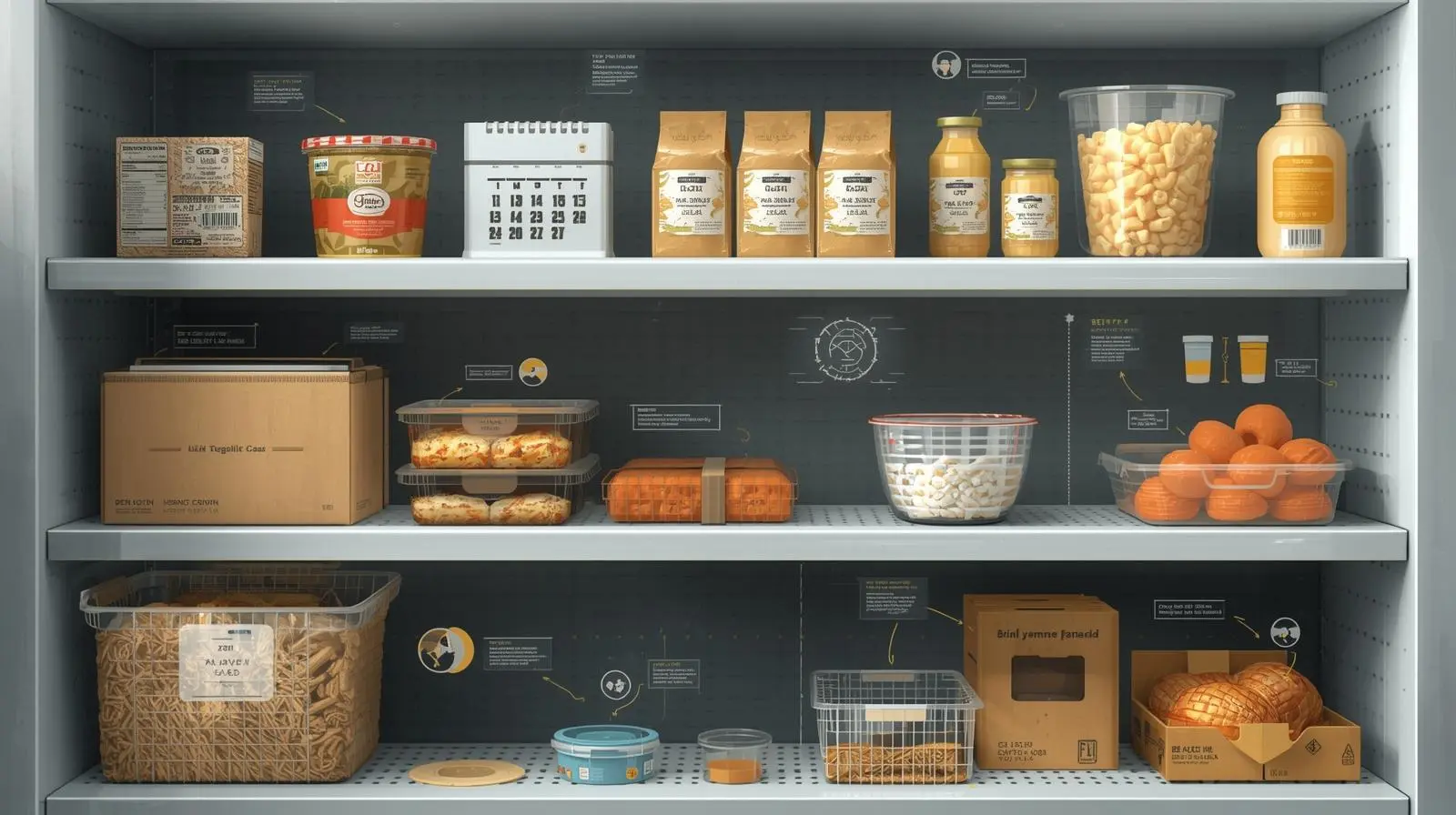  The image shows packaged food items stored under normal, real-world conditions such as a warehouse shelf