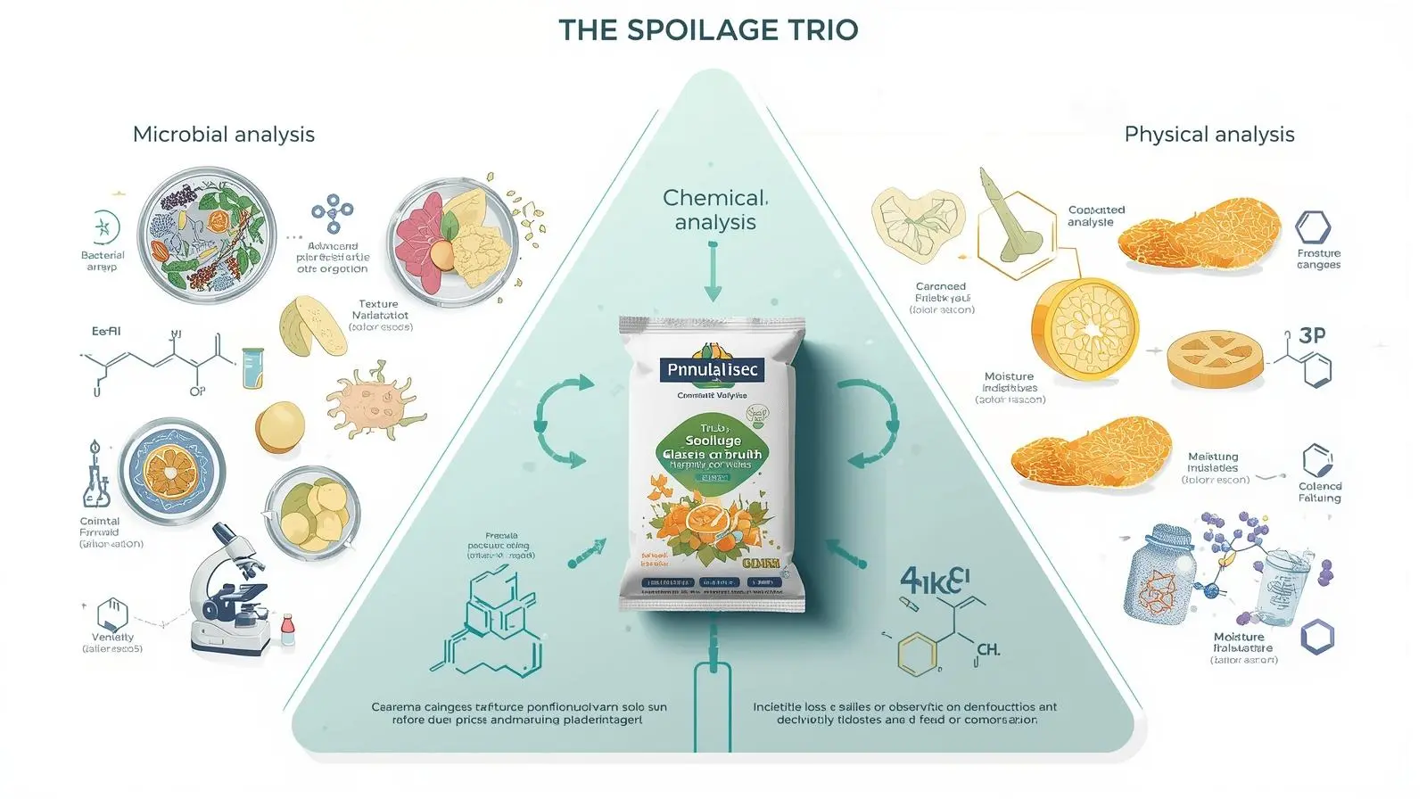scientific illustration titled ‘The Spoilage Trio’ representing food spoilage analysis.