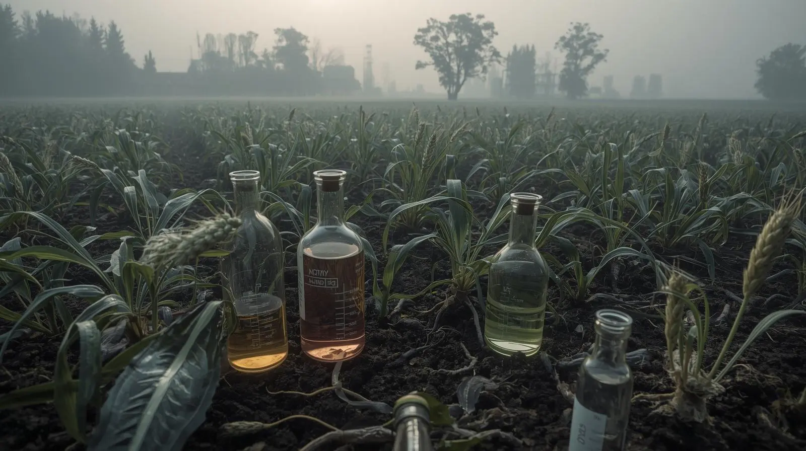 glyphosate and polar pesticide contamination in agriculture. A misty industrial farm landscape at dawn_ crop fields