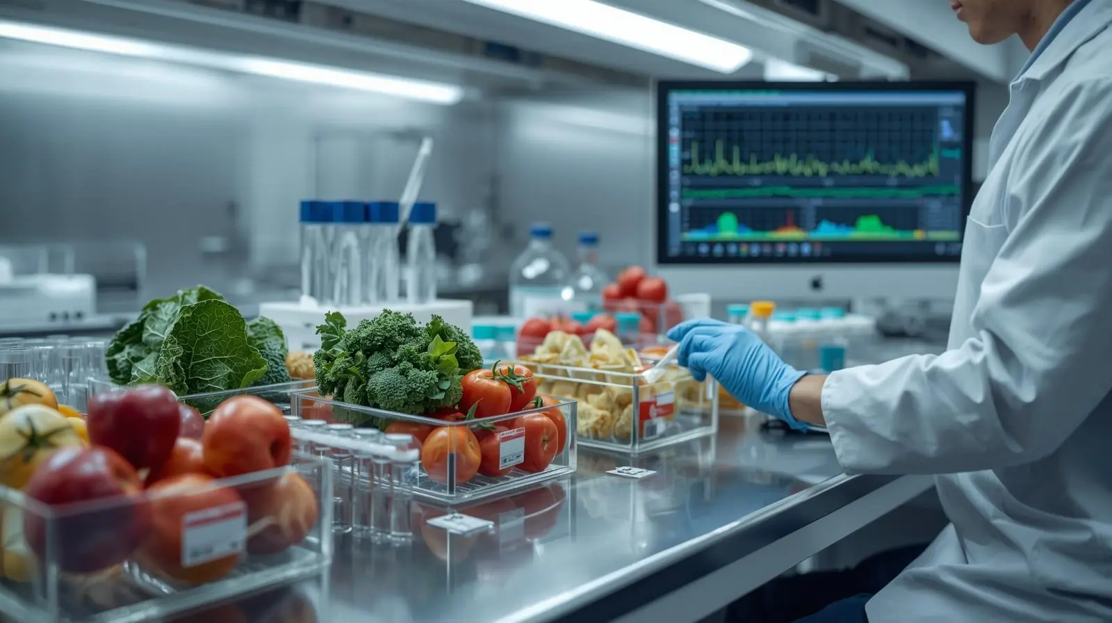 a modern analytical lab with a scientist wearing a lab coat and nitrile gloves operating a high-performance liquid chromatographyfor pesticide residue testing in progress