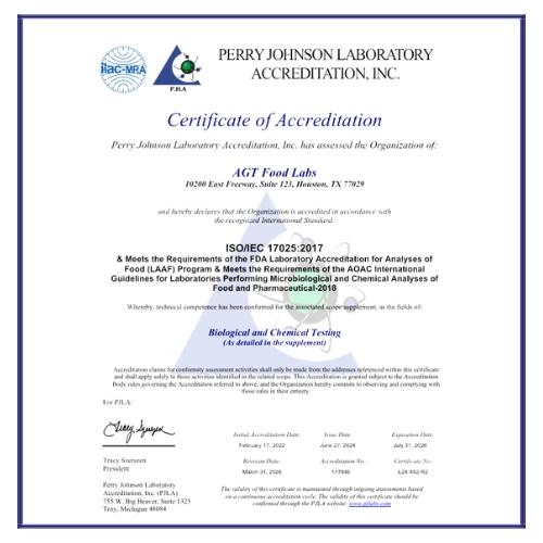 ISO 17025 Certificate of Accreditation — AGT Labs Food Testing