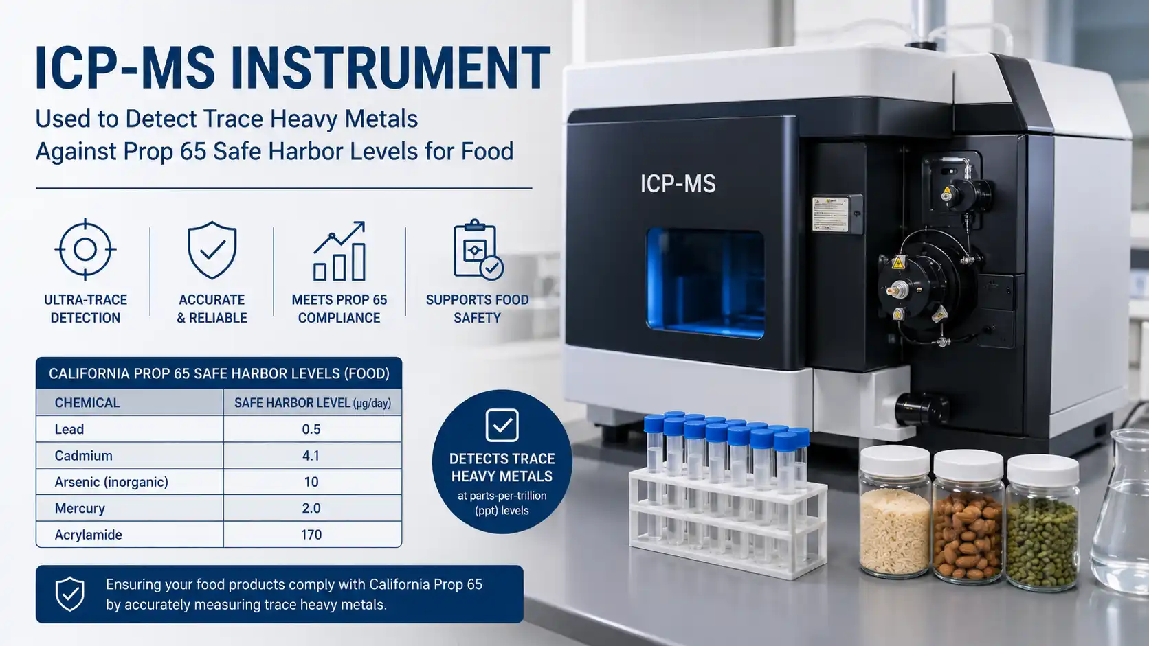 ICP-MS instrument used to detect trace heavy metals against Prop 65 safe harbor levels for food