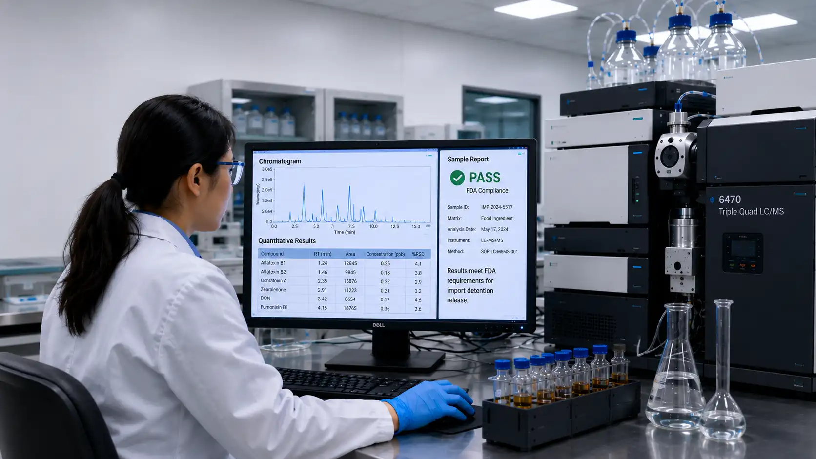 LC-MS/MS lab analysis generating FDA-defensible test results for import detention release