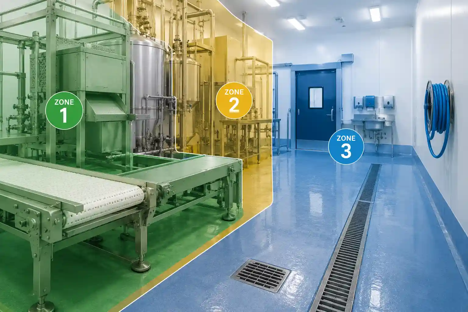 Food processing plant zone diagram showing Zone 1 to Zone 4 surfaces for a Listeria environmental monitoring program