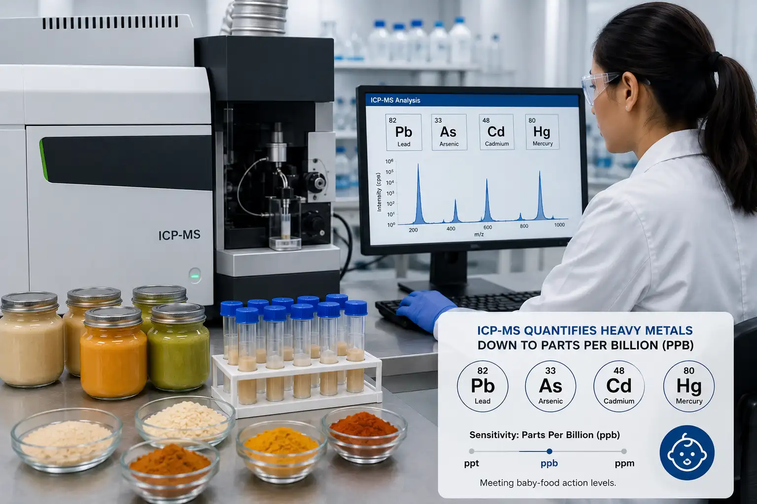 ICP-MS instrument used for heavy metals testing of food samples at parts-per-billion levels