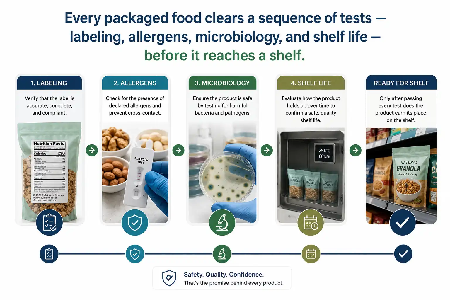 Food product testing of packaged products before launch in an accredited lab
