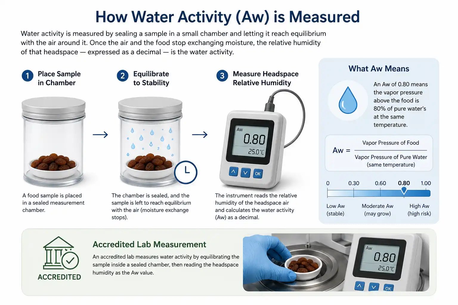Water activity meter measuring a food sample in an accredited laboratory