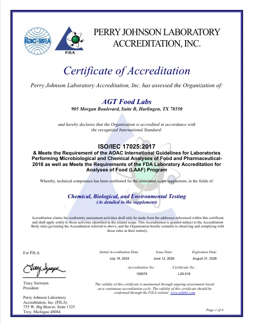 PJLA Food Accreditation — Harlingen, TX