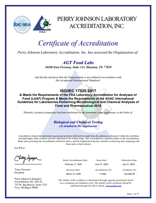 ISO/IEC 17025:2017 Certificate — AGT Food Labs, Houston, TX