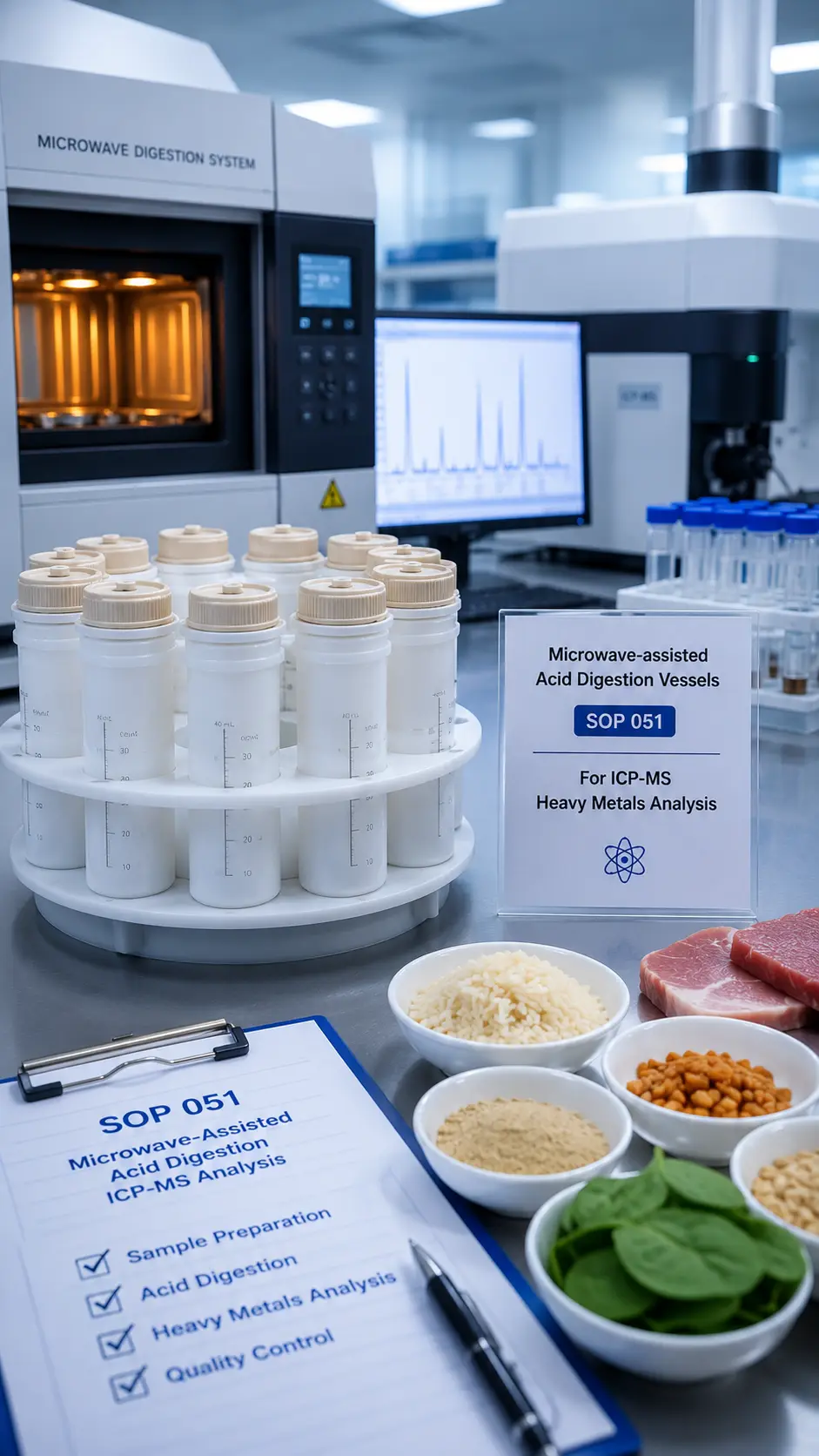 Microwave-assisted acid digestion vessels prepared for accredited ICP-MS heavy metals analysis under SOP 051