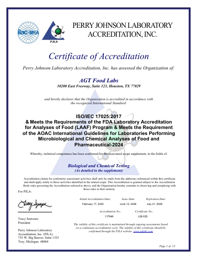 ISO/IEC 17025:2017 Certificate — AGT Food Labs, Houston, TX